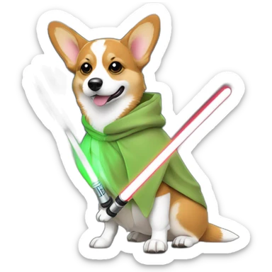 Corgi dress as yoda with one light saber green sticker
