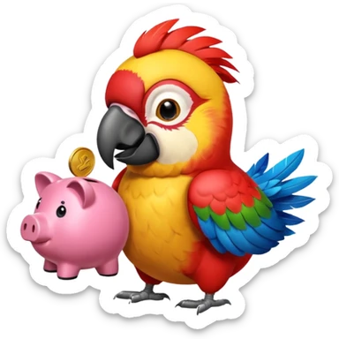 Macaw putting a coin into piggy bank with its beak sticker