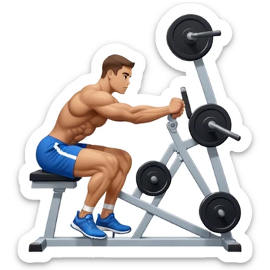 side-view bodybuilder in blue shorts seated weighted calf-raise machine on his tip toes sticker