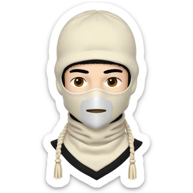 Ultra-detailed studio shot of a post-apocalyptic off-white balaclava — deconstructed, frayed, layered, with braided rope tassels and subtle embroidery. Minimalist white background, soft lighting, sharp focus. High-fashion streetwear aesthetic. The face of a person in a mask should not be visible sticker