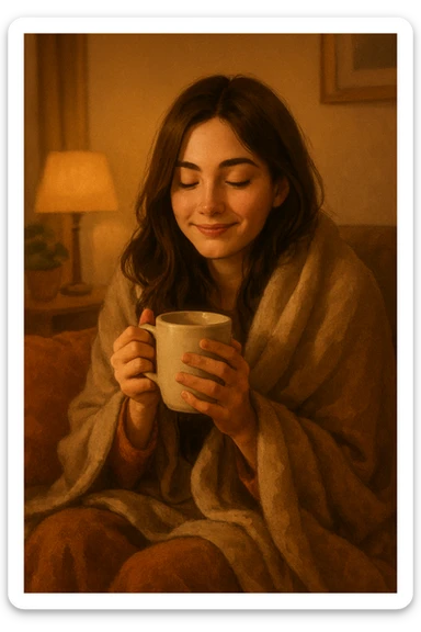 brunette girl in a blanket, holding a coffee mug, looking content, cozy atmosphere sticker