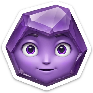 One amethyst-purple faceted rock head character, chunky and rock-like, with irregular facets and a few visible chips, big glossy eyes looking slightly up and a gentle smile, 3D render, high detail, soft rim light, isolated on dark background. sticker