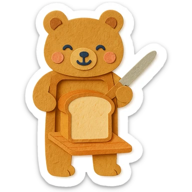 cute bear-shaped bread slicer slicing bread, happy soft eyes, warm tones, full-body sticker