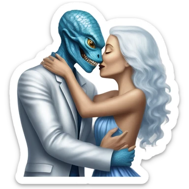 White man in blue dress  hugs and kissing Alien reptilian woman in silver dress  sticker