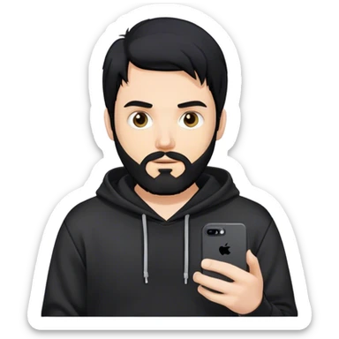 hackeur blanc cheveux noir barbe et capuche noir avec un iphone 16 pro sticker
