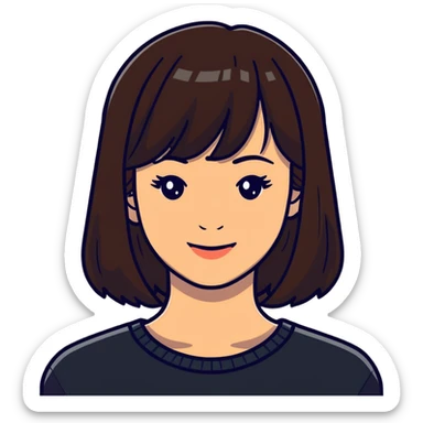 Pretty woman with dark brown bangs, subtle makeup, warm smile sticker