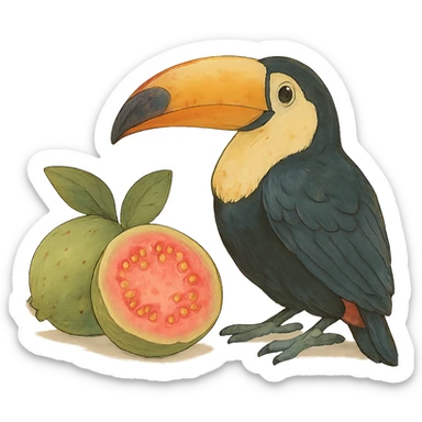 ghibli style toucan and guava sticker