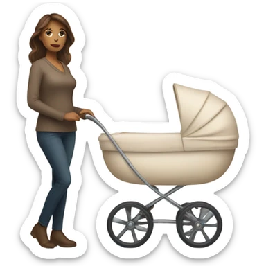 beautiful mother with brown hair. next to beige baby carriage sticker