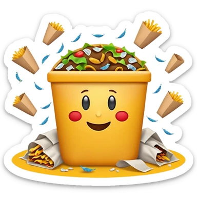 emoji-style icon of a fast food restaurant with trash bags, spilled food, and flies at the entrance, unsanitary look, clear at small size, no text sticker