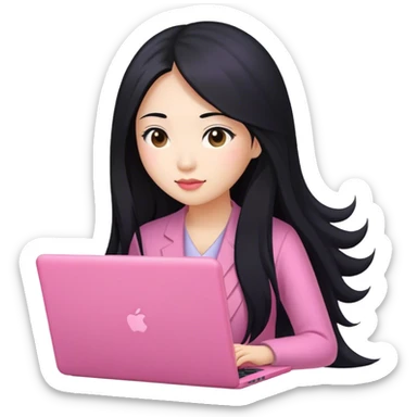 Long hair asian woman working on pink laptop sticker