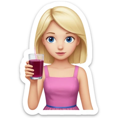 blonde girl with blue eyes in a pink dress holding a glass of elderberry juice sticker