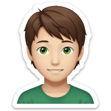 the face of an Anime asian style teen boy with brown hair, green eyes, looking smiling slightly sideways positioned. Face must be main filling of the frame.  128px sticker