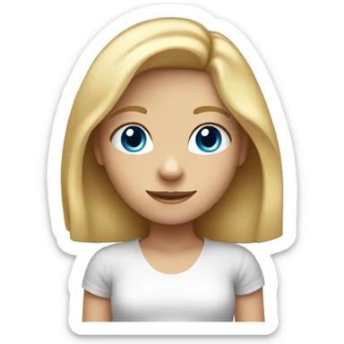 girl with shoulder-length blond hair, from afar, with blue eyes and a smile sticker