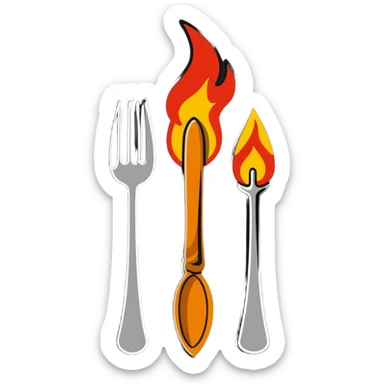 burning spoon fork and knife crossed together, kitchen utensils on fire with flames sticker
