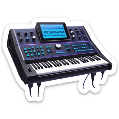 Create a professional and artistic emoji that represents sound design. The design should feature essential sound design equipment, including a high-end Korg synthesizer, a sound mixing console with visible wires, large studio speakers, and a microphone. Surround the equipment with flowing, abstract sound waves and musical notes to symbolize the fluid, creative nature of sound design. Add subtle effects like glowing sound frequencies or swirling patterns to represent the dynamic manipulation of sound. Use sleek, modern colors like black, silver, neon blue, and purple to evoke a sense of innovation and artistic exploration. The background should be transparent. sticker