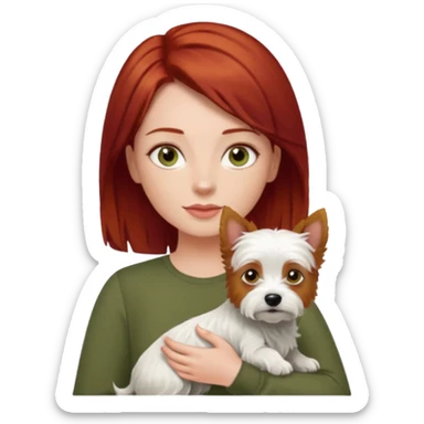Westie dog being held by woman with dark shoulder length red hair and hazel eye wearing olive green top sticker
