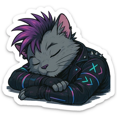  a anthro cat laying down his head to nap, punk gothic style, futuristic cyberwave cyberpunk, resting his head on his arms, head tilted sideways, light gray cata sticker