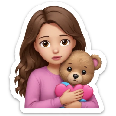 girl with long wavy brown hair, brown eyes, light to medium complexion, in a pink shirt, pink lips, long lashes, sad crying , hugging a teddy bear with a  heart sticker