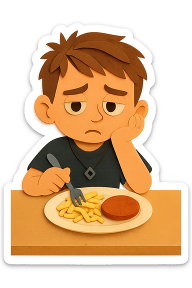 Now he looks slightly worried — he was told that if he doesn't eat protein, he might not grow up. sticker