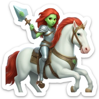 medieval shield: [politically incorrect, (
	{ female, alien, color: light green, hair:red, eyes:cat} ]
	on a 
	[{ unicorn: white, legged:four, mane: light blue }]) sticker