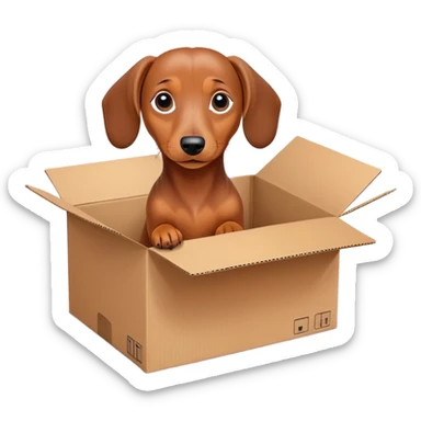  A very cute young Dachshund  with one's head tilted to one side poked its paws out of the cardboard big box and placed them on top of it sticker
