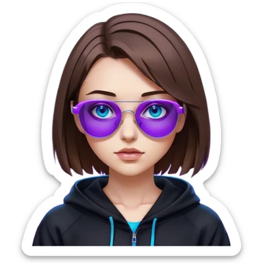 
girl with brown bob and blue eyes in a black hoodie and sunglasses. Cyberpunk style. Violet neon. sticker