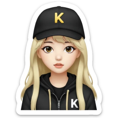 Portrait of a female K-pop idol, wearing a stylish streetwear outfit with layered clothing, long hair with bangs, makeup, wearing a black cap sticker