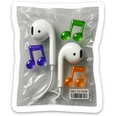 white EarPods headphones with three distinct colorful glassy music notes floating nearby, shiny and inflated sticker