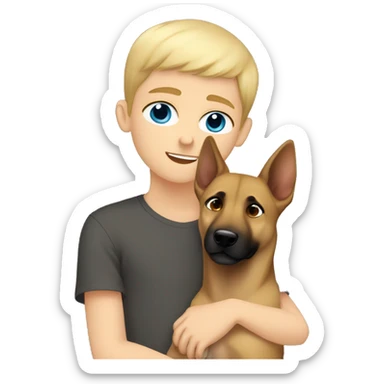 blond boy with blue eyes cute  cuddling a malinois sticker