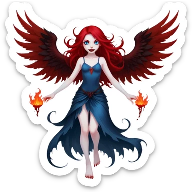 full body portrait of an extremely diabolical girl with pale white skin, massive towering wings, very long flowing blood red hair, glowing blue eyes, evil grin, no accessories, with swirling red and black smog/smoke at the bottom of her feet sticker