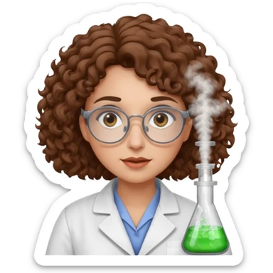 A crazy female scientist, with curly brown hair, brown eyes and grey glasses sticker