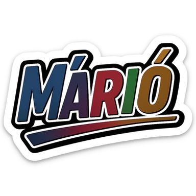The name 'Márió' in a masculine, modern font with gradient colors including blue, gray, burgundy, green, and brown. The text uses precise Hungarian characters, has a dark outline, extra thick and prominent white letter border, and a dynamic slanted underline. Image size 1000x1000 px, PNG format, transparent background. sticker