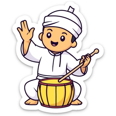person beating a drum and chanting 'tung tung tung sahur' in a festive Ramadan night setting sticker