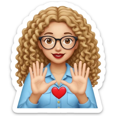 Light skin girl with long curly hair and glasses winking doing heart hands  sticker