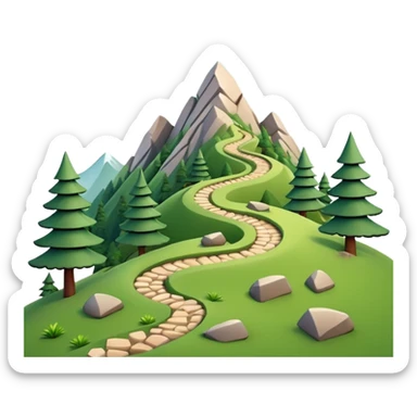 A 3D cartoon mountain trail winding up green slopes with stones and pine trees, distant peaks in background, warm daylight, Memoji-style. sticker