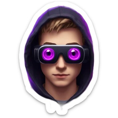 Russian young man wearing a black hoodie with "OMG" letters on it and VR headset in a cyberpunk VR environment with violet neon lighting. sticker