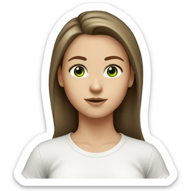 A white girl with green eyes and loose brown hair in a white T-shirt sticker