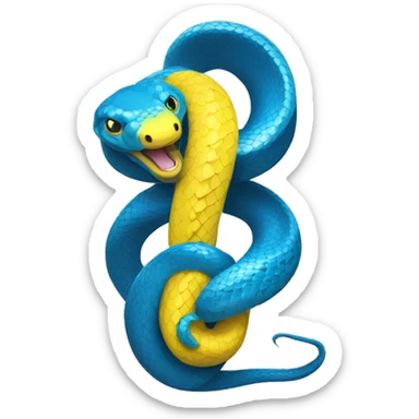 a blue python tangled with a yellow python evoking the python programming language logo sticker