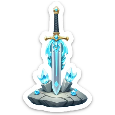 Shining silver sword with jeweled hilt, stuck in a stone, glowing aura.  sticker