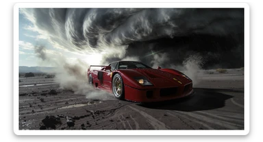 Cinematic still of a ferrari f40 around tornado od arizona desert, sun flare, big earth in background, captured by gopro hero with effect fisheye, water drops on car body, detailed sticker