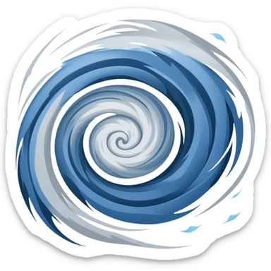 A powerful hurricane depicted in a side view, with swirling wind patterns, a distinct eye of the storm, and dynamic motion lines. The colors should include shades of gray, blue, and white to represent strong winds and rain. A few debris particles flying in the air can add intensity. sticker