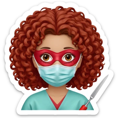 Lilith symbol seductress evil surgeon. Hair curly, and brown. Long curly brown hair. Red surgical mask and hair covering. She works for cartel and kills  with a scalpel. sticker