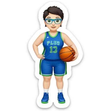 Full Body plus size white female basketball player with short dark hair with highlights spike hair wearing blue glasses  wearing blue green uniform smiling sticker