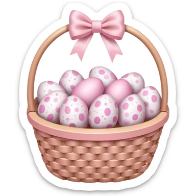 white basket full of light pink easter eggs with a light pink bow sticker