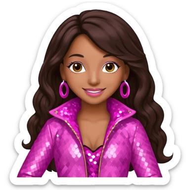 Mya, R&B Singer with dark brown long hair, pink sequin outfit sticker