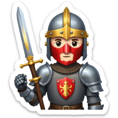 give me medieval knight with a helm, and he has a gauntlet holding a sword. style can be a bit pixelated /8bit sticker