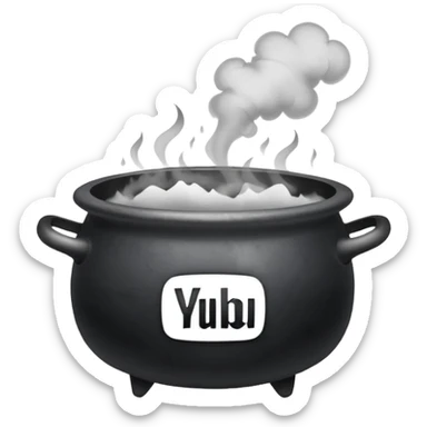 A black cauldron with lot of smoke rising, and the white YouTube play button logo floating above the smoke sticker