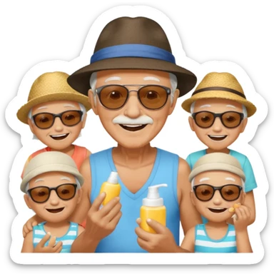 Old man on island with lotion and kids sticker