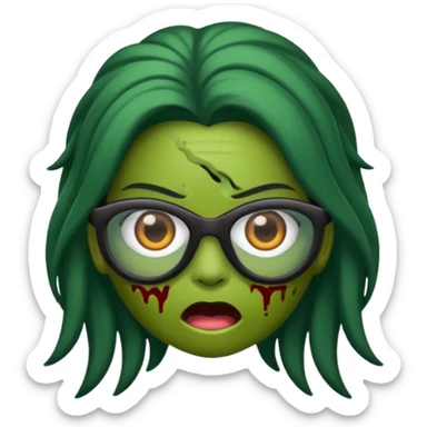 crie um emoji de zumbi feminino, com pele verde, óculos preto e cabelo longo preto sticker