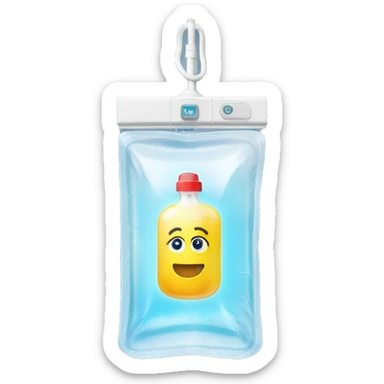 Rectangular transparent plastic iv bag filled with 500ml of saline hanging on an iv pole in an intensive care unit  sticker